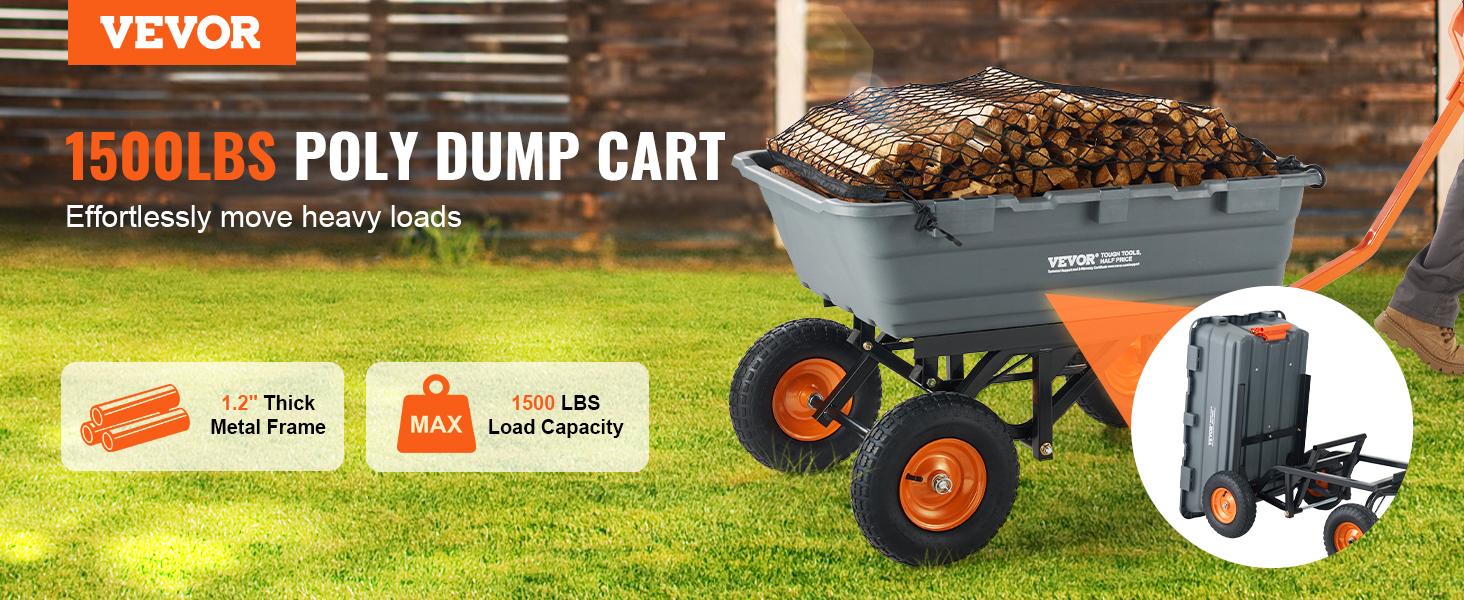 【toolupgrade】VEVOR Heavy Duty Wagon Poly Garden Dump Cart - Easy-Assemble Steel Frame, 2-in-1 Convertible Handle, 13" Shock Absorb Rubber Tires, 1500 lbs Max Capacity, 180° Towing Steer, Mesh Cover for Adults’ Outdoor Towing & Haul Needs, 1.2" Thick Metal