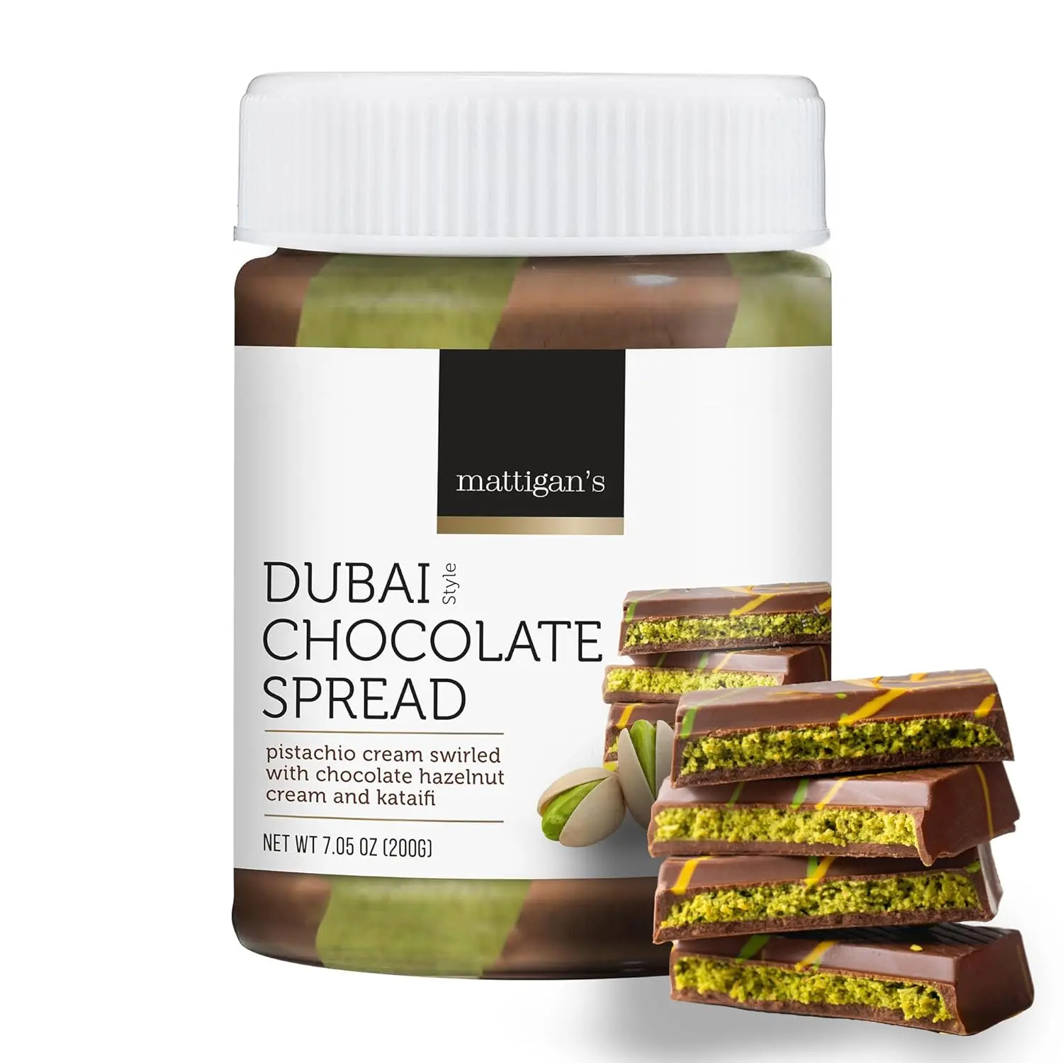 Monark Brands Mattigan's Award Winning Creamy Pistachio Dubai-Style Chocolate Spread - Dubai Chocolate Jar, 7.05 oz Gourmet Hazelnut Nut Butter with Kataifi, Crispy Texture, Ready to Enjoy Dessert Topper for Gift Baskets