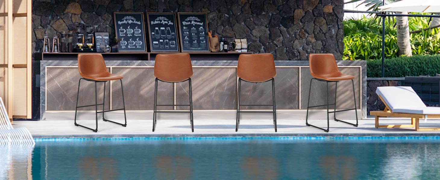 Counter Height Bar Stools with Back, Armless Chairs with Metal Legs and Footrest - Waterproof Leather