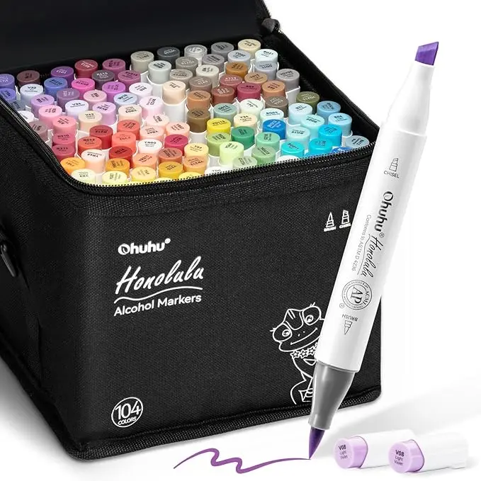 Ohuhu Markers: Dual Tips - 104 Colors / 24 Colors / 96 Colors - Double Tipped Alcohol Based Art Marker Set for Artist Adults Coloring Illustration - Acrylic / Alcohol / Sketchbook Series of Ohuhuart- Inventory Clearance