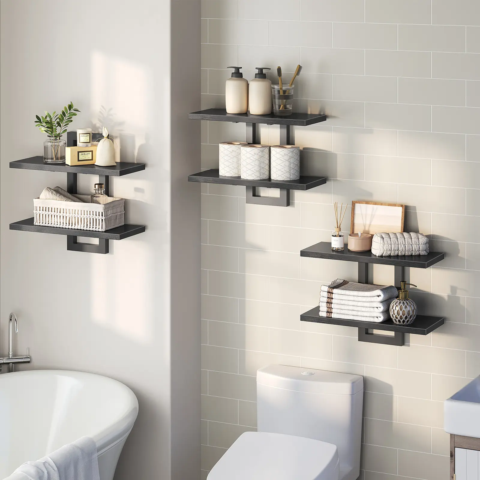 HOOBRO Set of 3, Wall Mounted Storage Shelves 2-Tier, Hanging Bathroom Shelves, for Living Room, Bedroom, Bathroom, Kitchen, Black