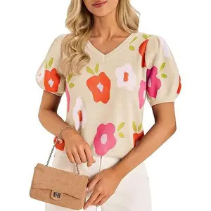 Cicy Bell Womens Puff Short Sleeve Sweater Tops 2026 Spring Summer Floral Pullover V Neck Casual Knit T Shirts