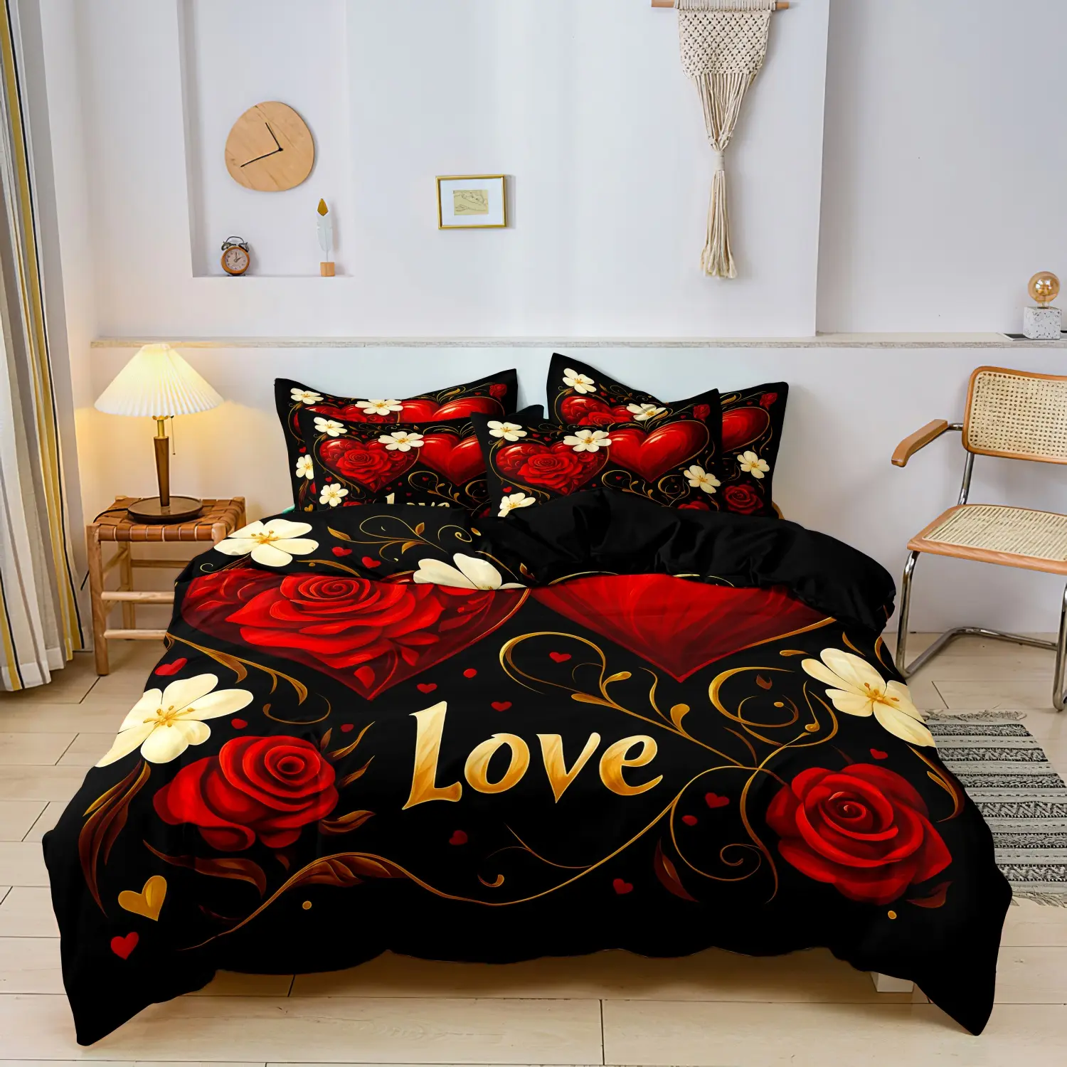 3pcs Love Heart Letter Print Red Rose Design Duvet Cover Set, Decorative Duvet Cover, Suitable For Bedroom, Hotel, Dormitory, Holiday Gifts (1*Duvet Cover + 2 Pillowcases, No Core)