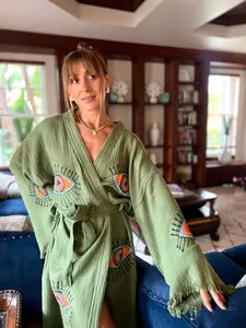 Boho Morning robe, Organic Cotton Spa Robe, Bridal Robe, Evil eye Bathrobe, Bohemian KImono, Music Festival Kimono, Bridesmaid Robe, Gift