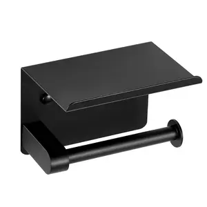 VEVOR Toilet Paper Holder with Shelf,  Fits Mega Rolls Size, Stainless Steel Rustproof Material, Wall Mounted with Screws and Double-Sided Tape, Toilet Roll Tissue Holder for Bathroom, Matte Black