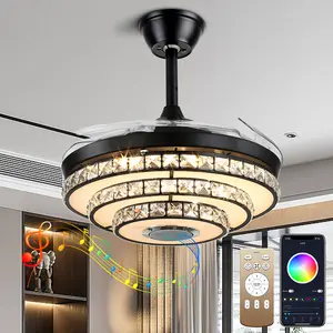 42" Black Crystal Retractable Ceiling Fan with Light & Bluetooth 7 Color-Changing Dimmable LED Remote Control 110V for Bedroom & Living Room Elegant Design