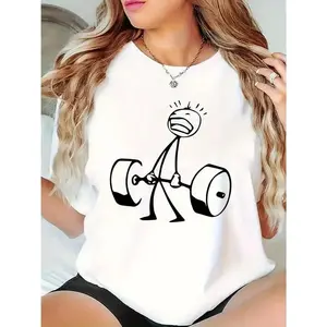 Women's Summer Short Sleeve T-Shirt - White Graphic Print T-Shirt with Dumbbell Design, Suitable for Fitness and Leisure Wear, Cotton , Machine Washable, Fitness Shirt,graphic tees