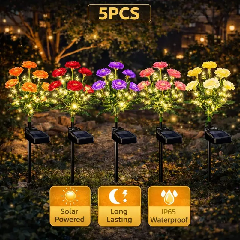 EVEDIOR 5 pieces of mixed-color outdoor waterproof solar snow lotus flower lights, suitable as Independence Day gifts, can be used as garden solar light decorations, solar garden ornaments, and solar courtyard decorations.