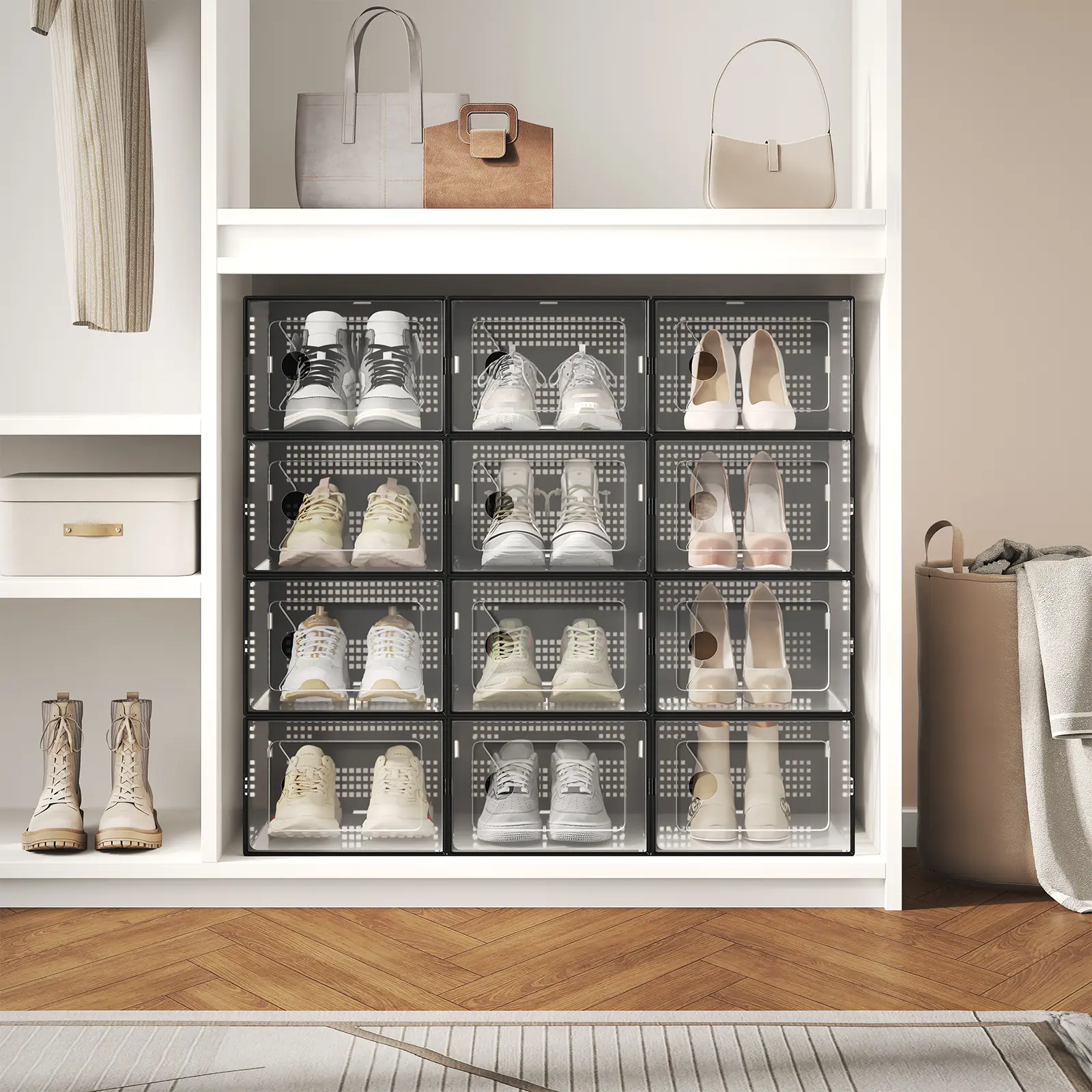 Sweetcrispy stackable Shoe Storage Boxes, 12-Pack Plastic Shoe Organizers with Lids, Large Shoe Rack & Holder for Closet, Under Bed, Entryway, Sneaker Display and Storage Containers