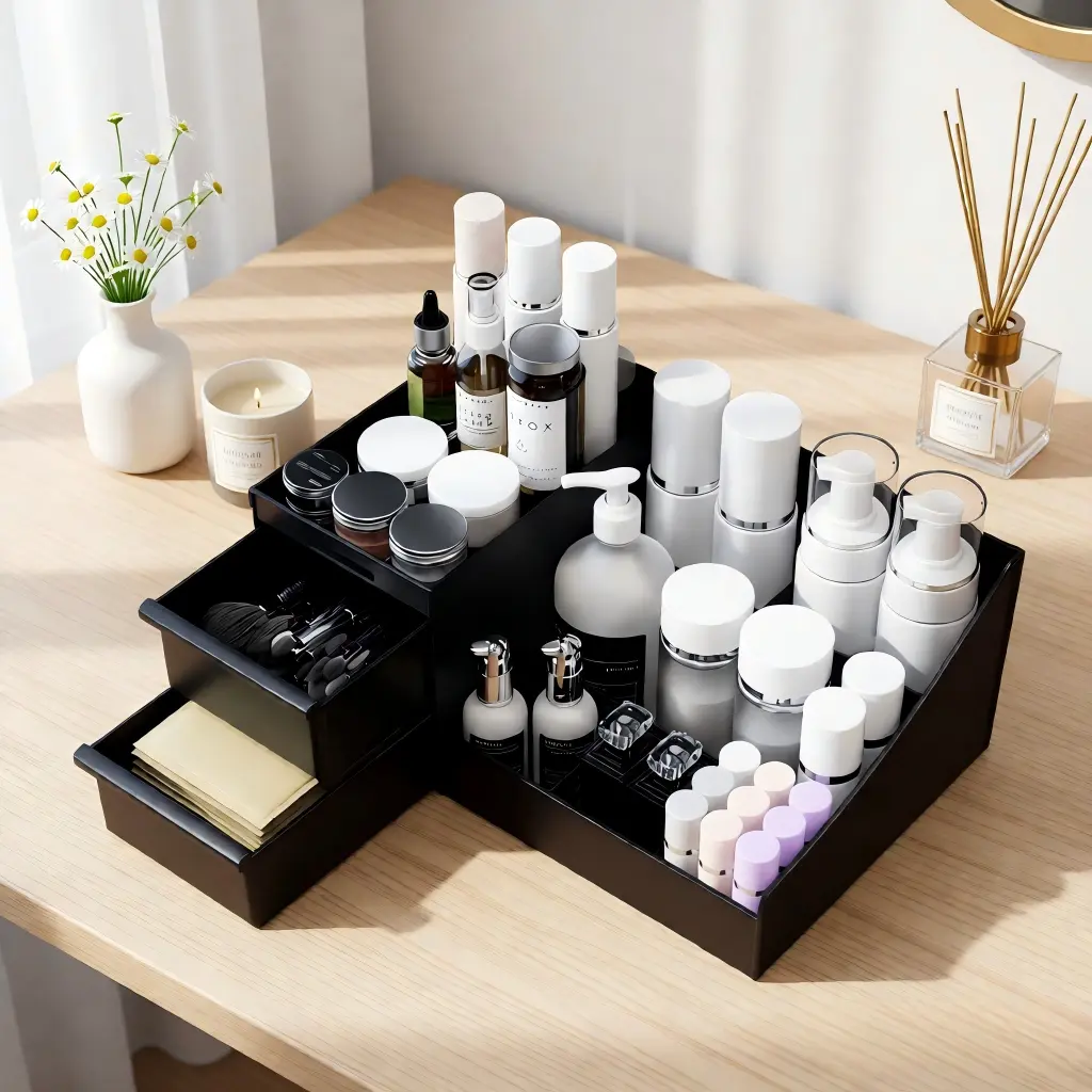 Men's Cologne Organizer with Drawers, Modern Countertop Storage Box for Bathroom Organization, Holds Perfume, Skincare & Shaving Essentials, Gift for Adults & Dads, Compartments