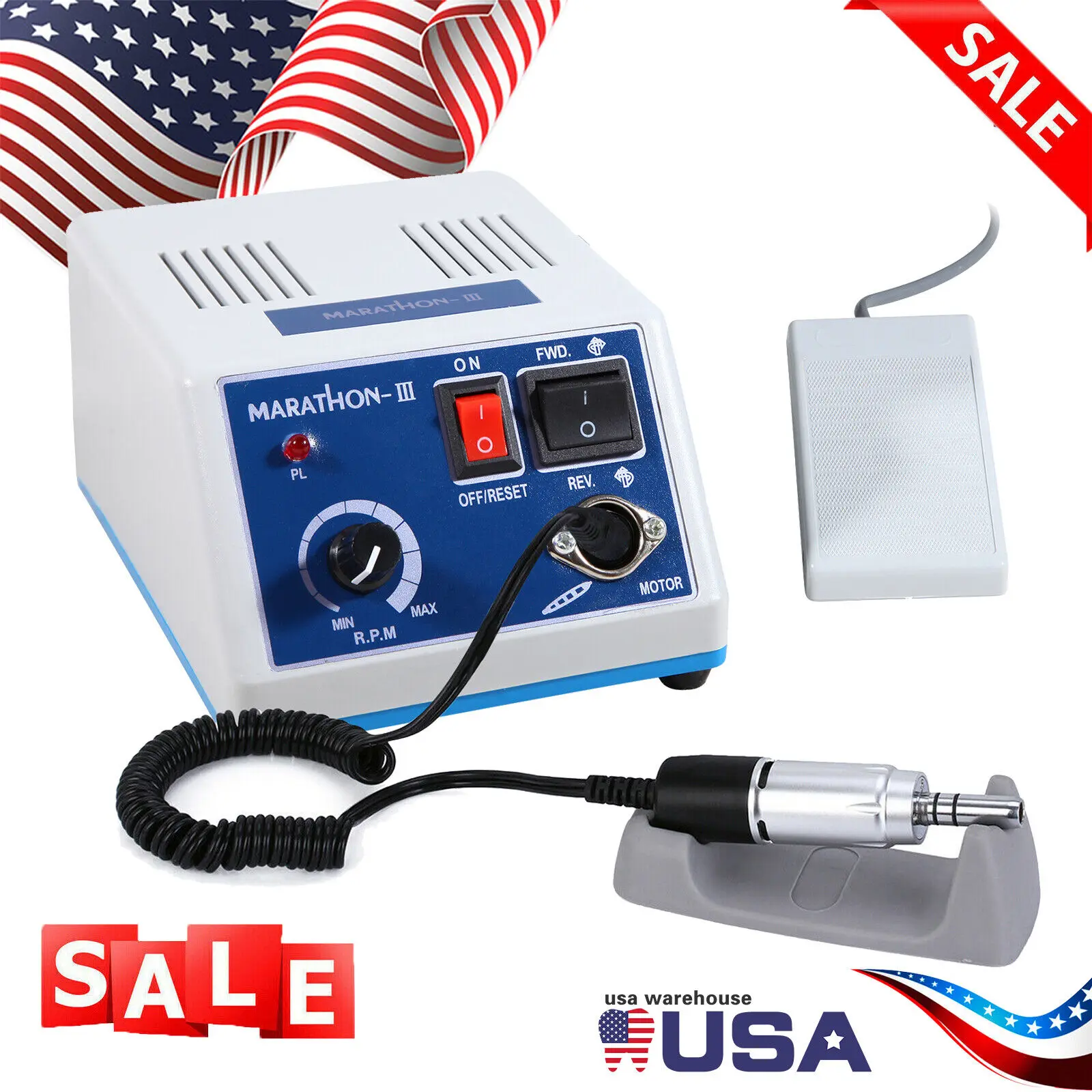 Dental Lab Marathon Electric Micromotor Polishing Unit + 35K rpm Motor Handpiece Portable Orbital Polisher Power Tool Control Panel Foot Pedal