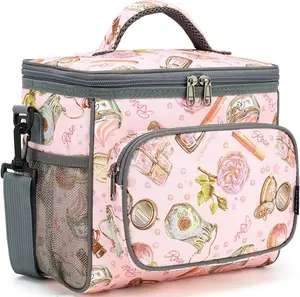 Insulated Reusable Lunch Bag Adult Large Lunch Box for Women and Men with Adjustable Shoulder Strap,Front Zipper Pocket and Dual Large Mesh Side Pockets,Rose