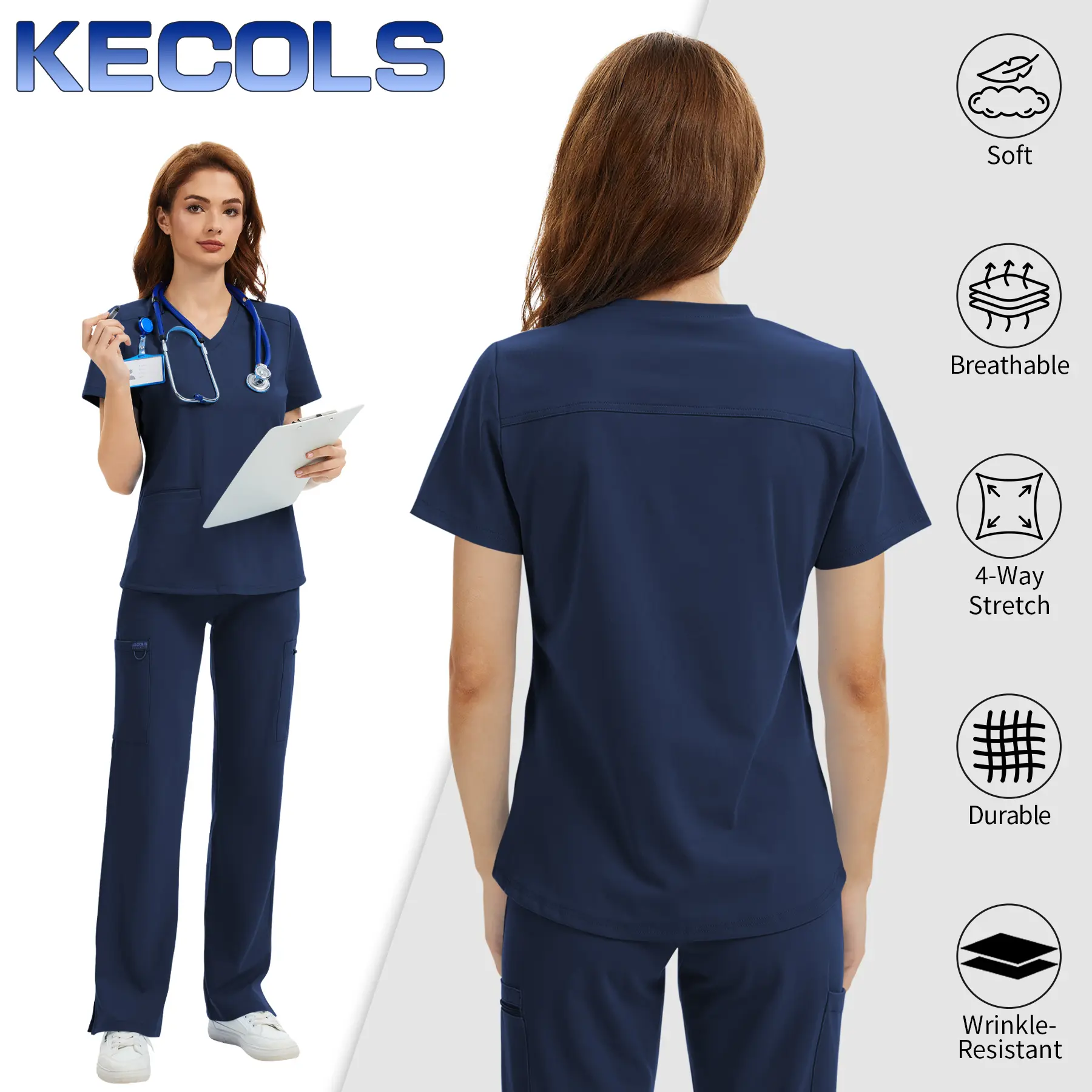 Kecols Scrub Tops for Women - V-Neck with 2 Pockets, Soft 4-Way Stretch, Anti-Wrinkle & Easy Care for Medical Uniforms Workwear Clothes Womenswear Minimalist
