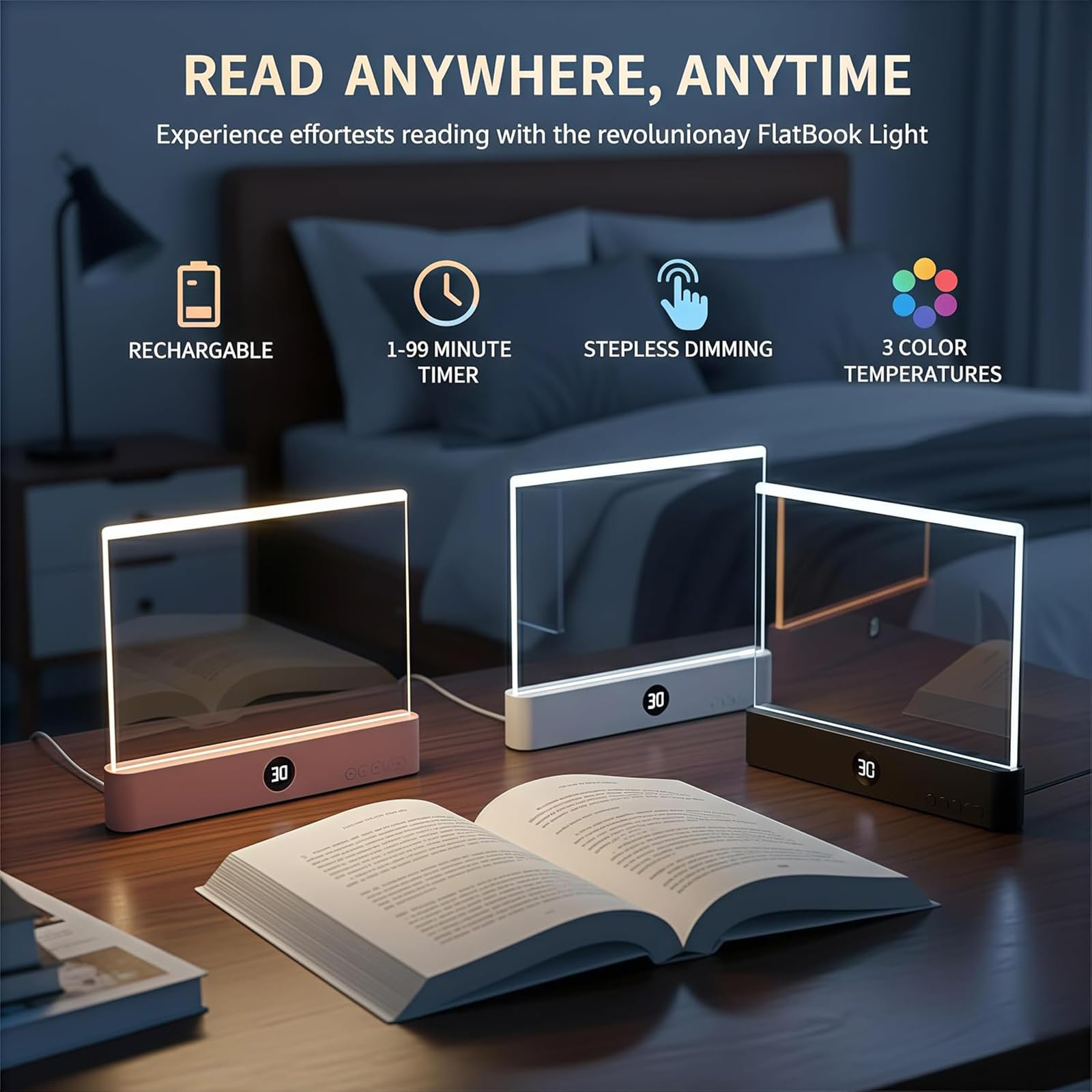 Thin clip-on reading light attached to a book