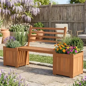 Spaco Wood Planter Box with Bench and Backrest, Outdoor Garden Seat with Integrated Planter for Yard, Patio & Balcony, Solid Wood Flower Box Chair for Relaxing