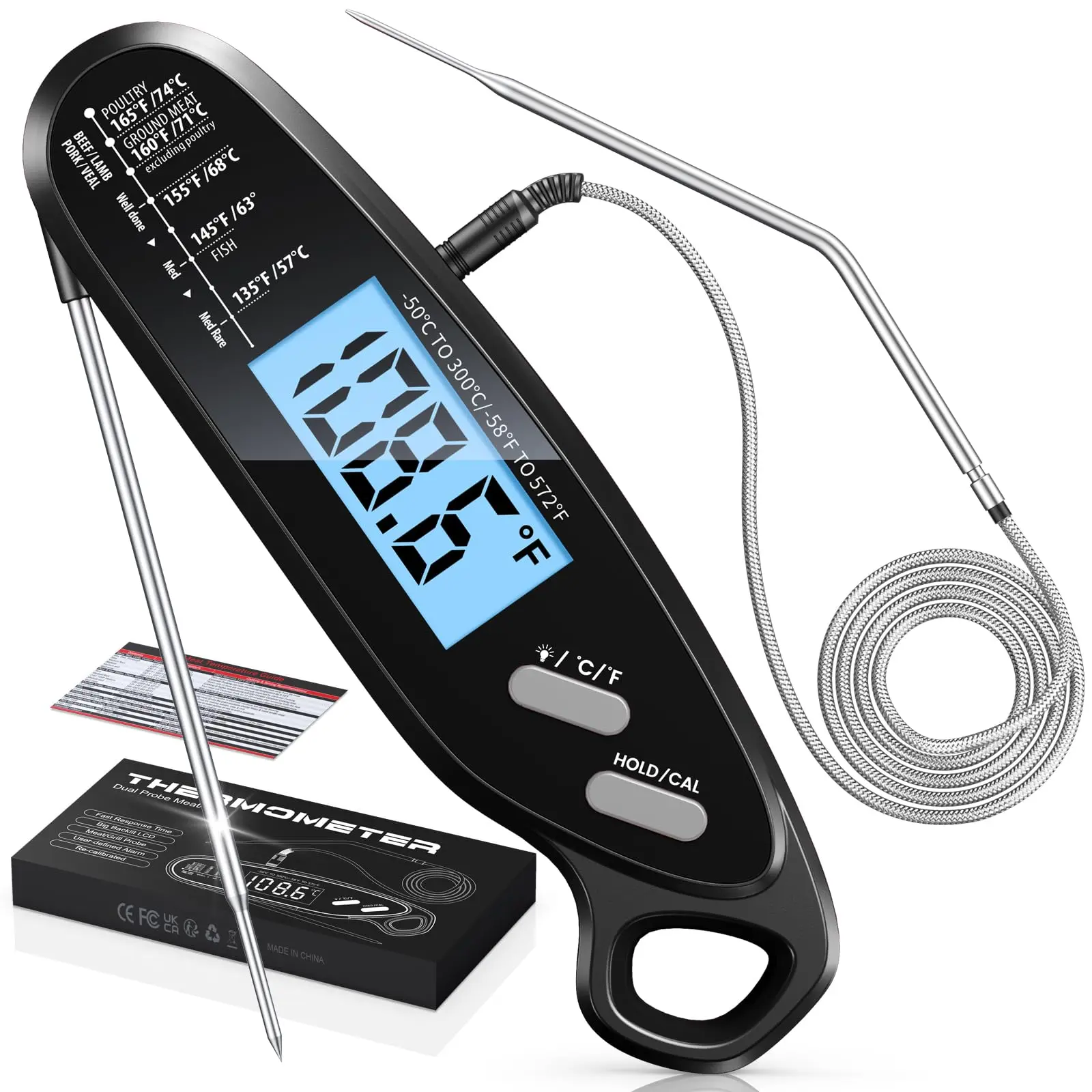 Instant Read Meat Thermometer Digital with Dual Probe, Food Thermometer for Cooking & Grilling, Large Backlit & Calibration, Grill Thermometer for Outside/Kitchen/Oven//Smoker/BBQ/Baking, Black