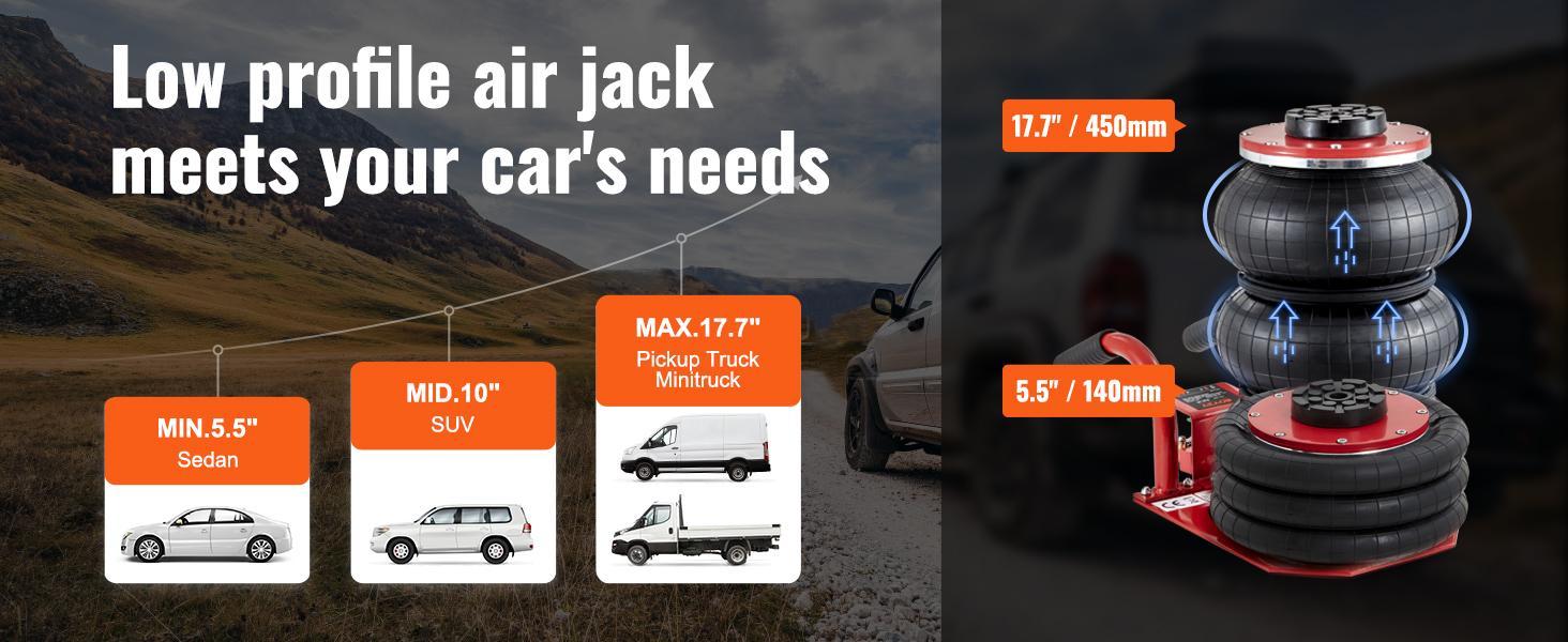 VEVOR Air Jack, TikTokShopBlackFriday, 3 Ton/6600 lbs Triple Bag Air Jack, Airbag Jack with Six Steel Pipes, Lift up to 17.7 inch/450 mm, 3-5 s Fast Lifting Pneumatic Jack, with Side Handles for Car, Garage, Repair (Red)