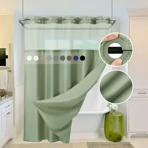 FANI Sage Green Waffle No Hook Shower Curtain with Snap in Liner Waterproof & Washable 72"W x 74"H,72''W x 84''H See Through Top Window Replacement for Bathroom