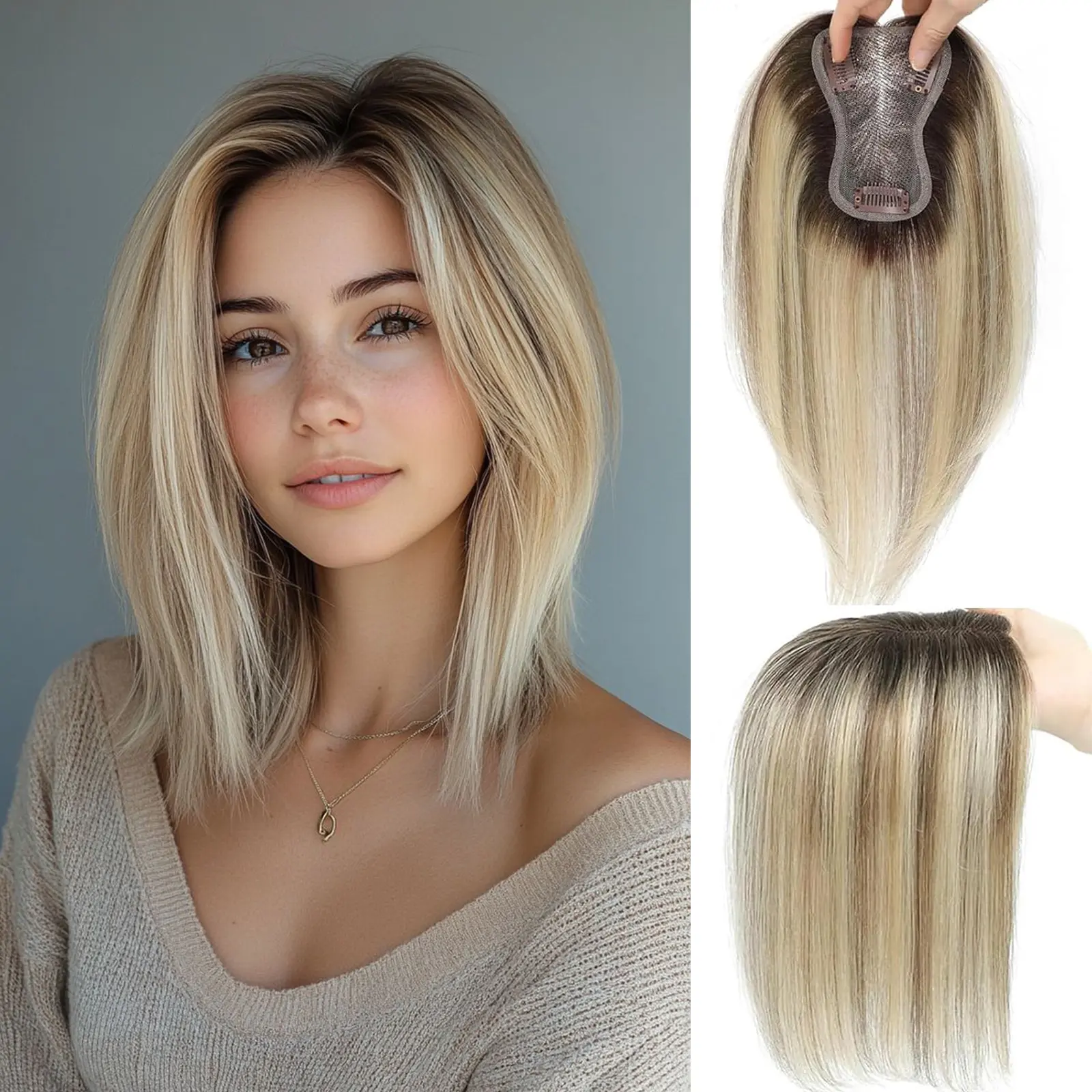 Women's 10-Inch Clip-In Straight Human Hair Topper for Female Wear - Lightweight Swiss Lace Base, Soft Texture, Durable, Dyed to Fit Different Colors, Daily Use, Volume Boost, Neat Look