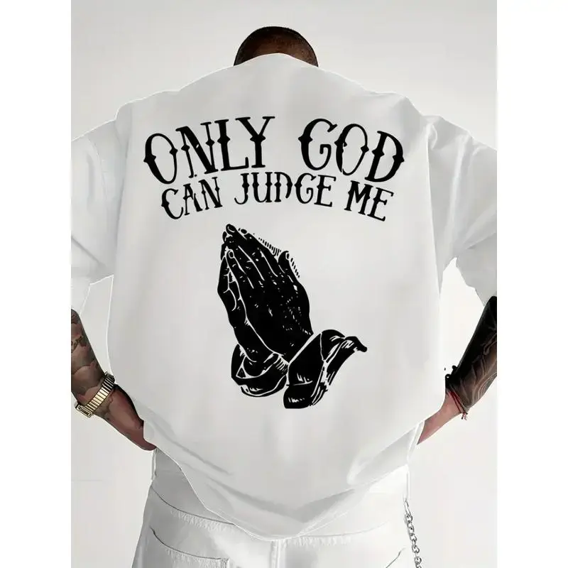 "Faith-Based Streetwear T-Shirt – 'Only God Can Judge Me’, Oversized, Black & White, Trending",graphic,men