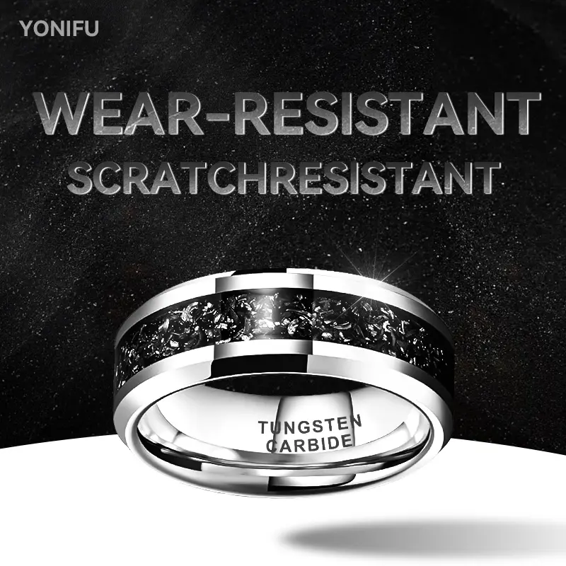 Yonifu 8MM Silver Black Shard Inlay Tungsten Engagement Ring, Men's Wedding Band, Wear-Resistant Tungsten Carbide Ring, Mens Wedding Bands, Rings