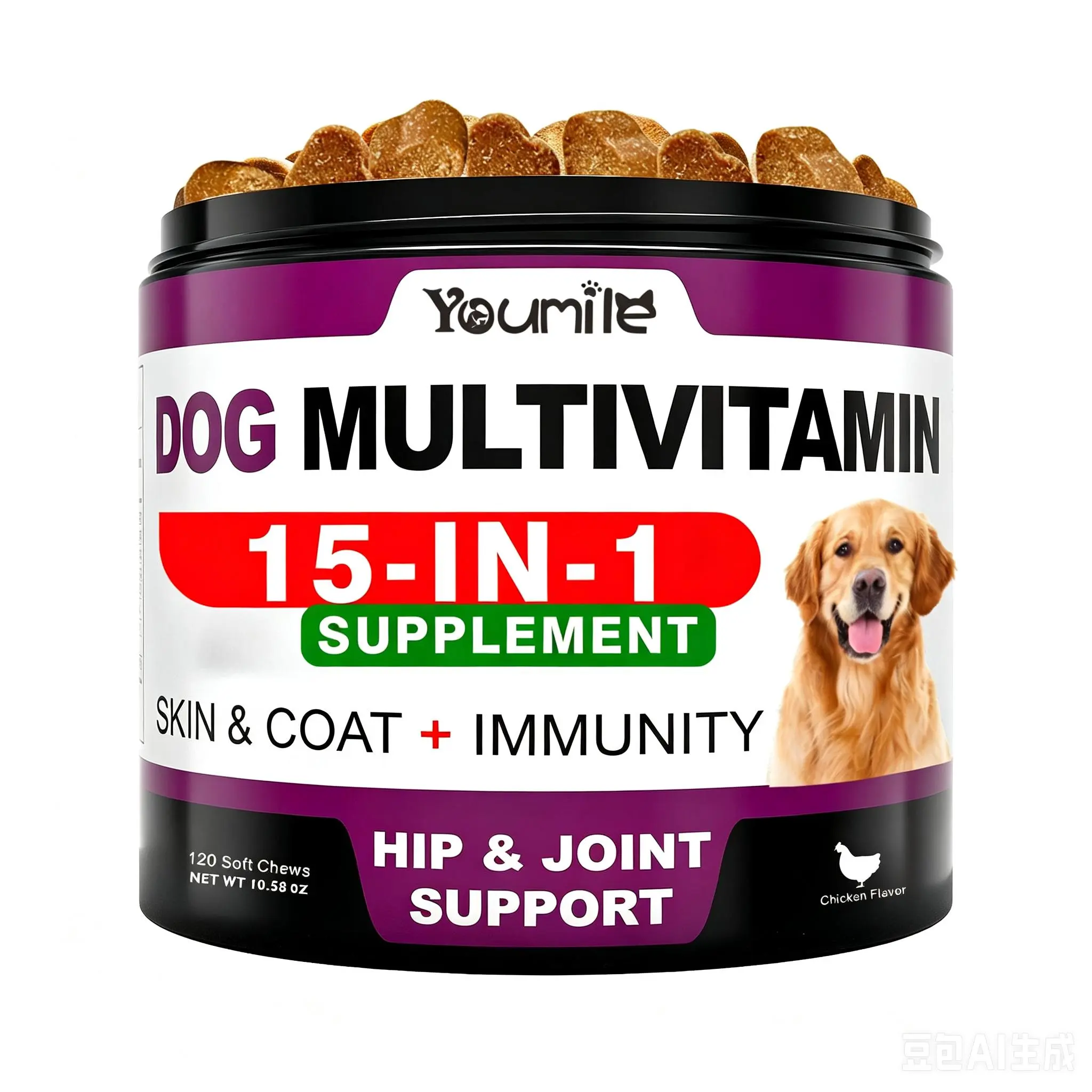 15-in-1 Dog Multivitamin Soft Chewables - Chicken Flavor, Probiotics, Gut Healthy Support, Immune Booster, 120 Treats, Default