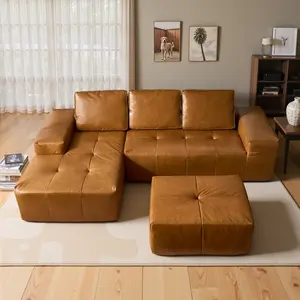 Weaxty Premium Oil Wax L-Shaped Sectional Couch with Ottoman, Removeable Sofa Set with Wider Armrest for Living Room, No Assembly Needed, Boneless Design Waterproof