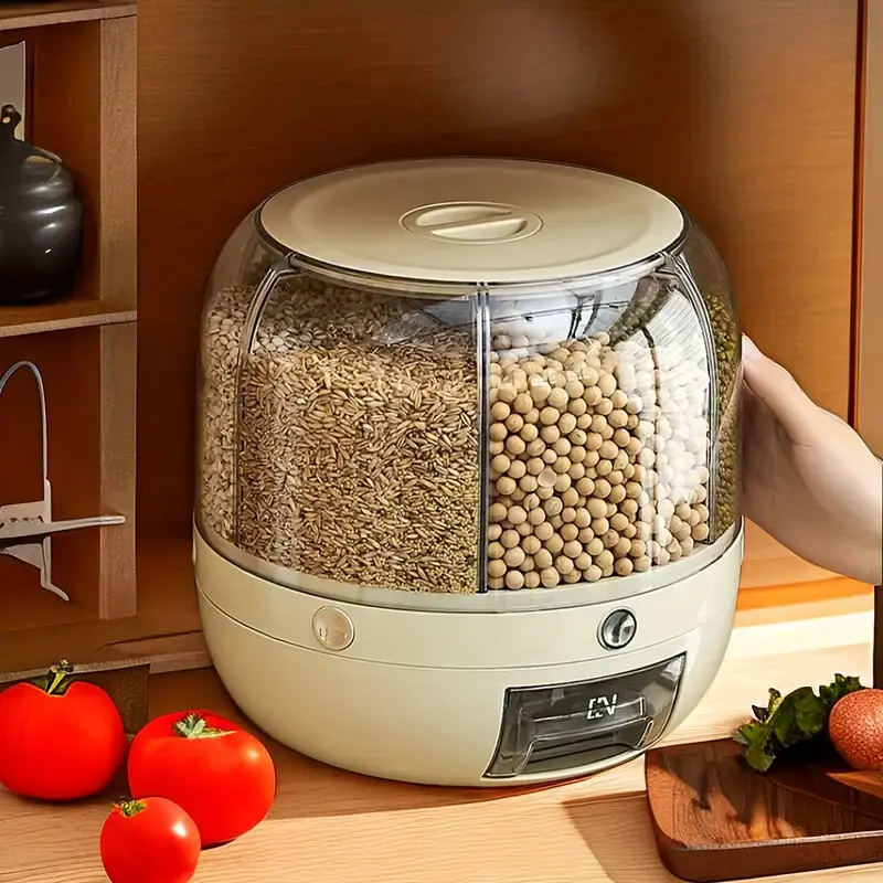 UFORU Rotating 6-Grid Grain Storage Bin, Sealed Moisture-Proof Food Dispenser with 1-Click Output, Large-Capacity Grid Layout Kitchen House Organizer for Rice/Pet Food, Transparent Pantry Cabinet Organization Home Kitchen Container