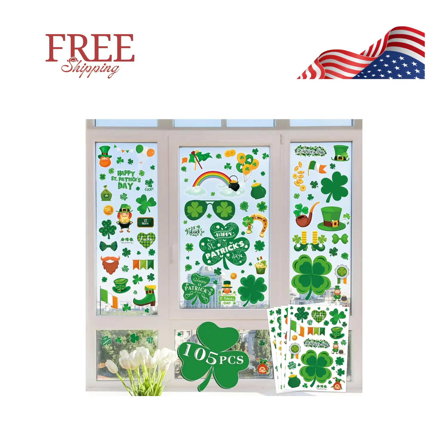St Patricks Day Decorations - 105 PCS St Patricks Day Window Clings