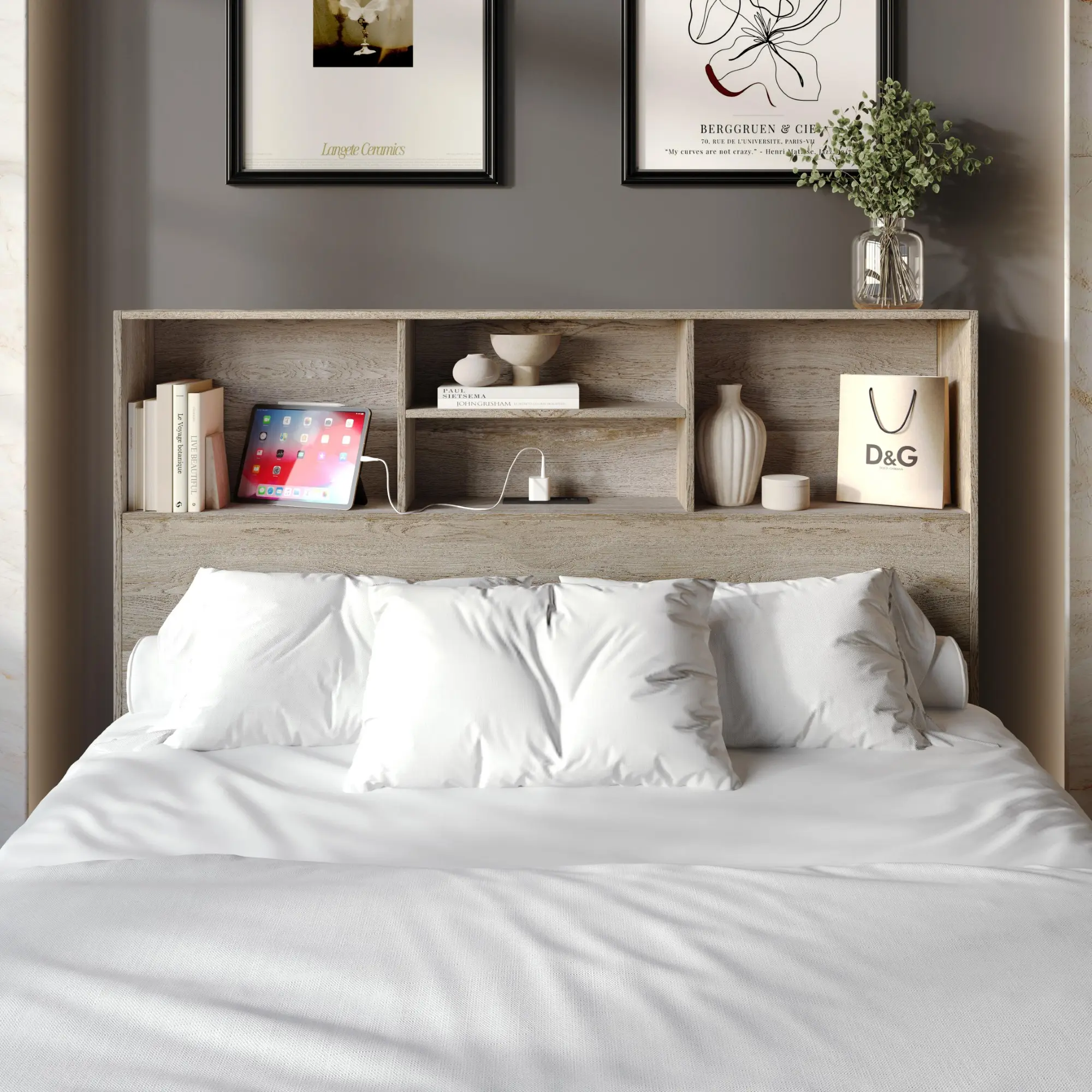 Favorer Pomona Modern Wood Headboard - Freestanding Full/Queen/King Bed Frame Headboard with Shelves, USB Ports, Assembly Required