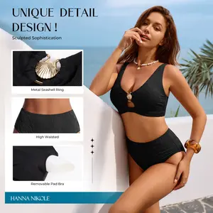 【S-XL】Hanna Nikole Women High Waisted Bikini Sets 2 Piece Swimsuits Tummy Control Textured Bathing Suit Metal Cutout Swimwear