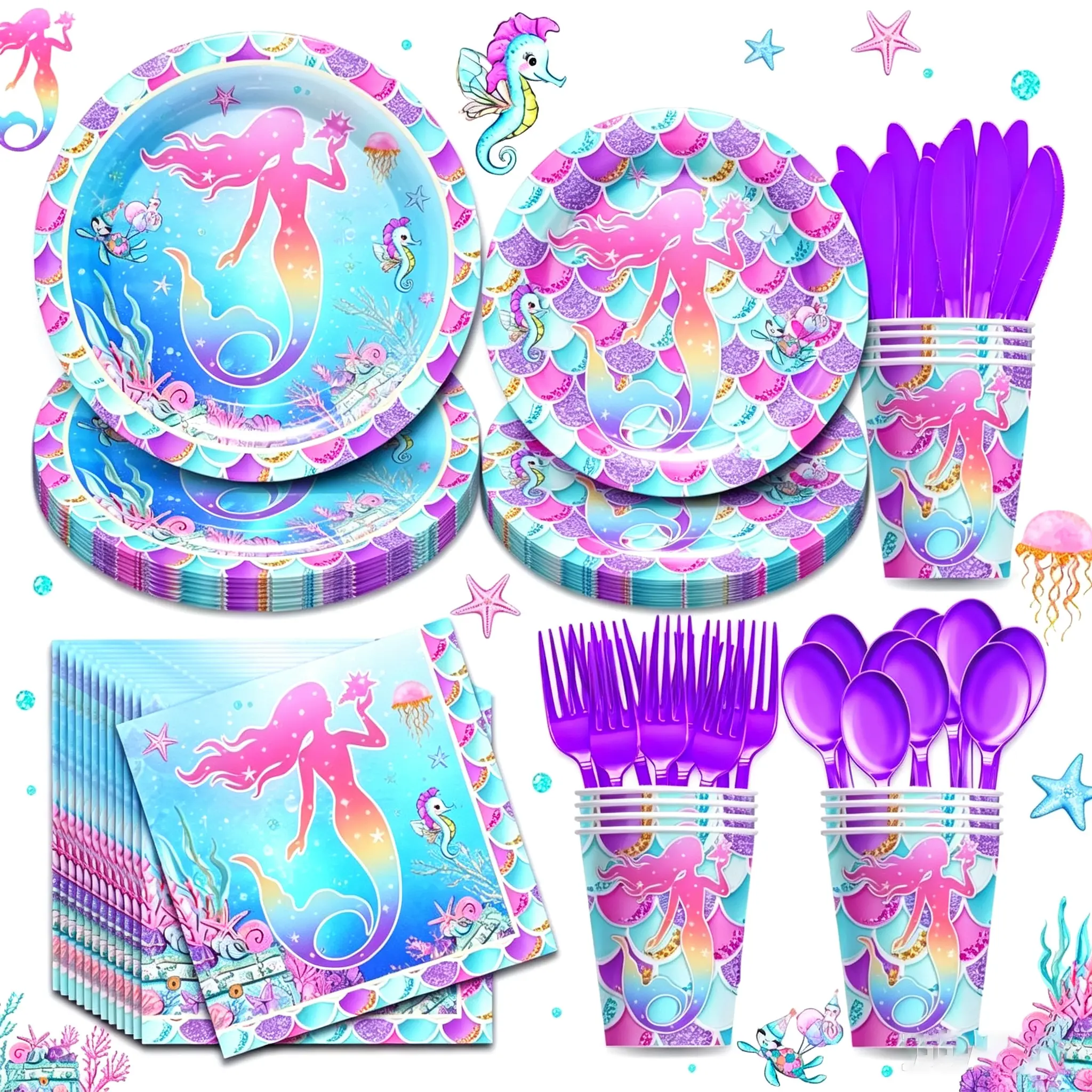 168Pcs Disposable Mermaid Theme Tableware Set - Serves 24, Under The Sea Ocean Party Supplies Set Package with Paper Tableware, Plates & Cups, Napkins, Cutlery for Girls' Birthday Decorations, Disposable Tableware Set