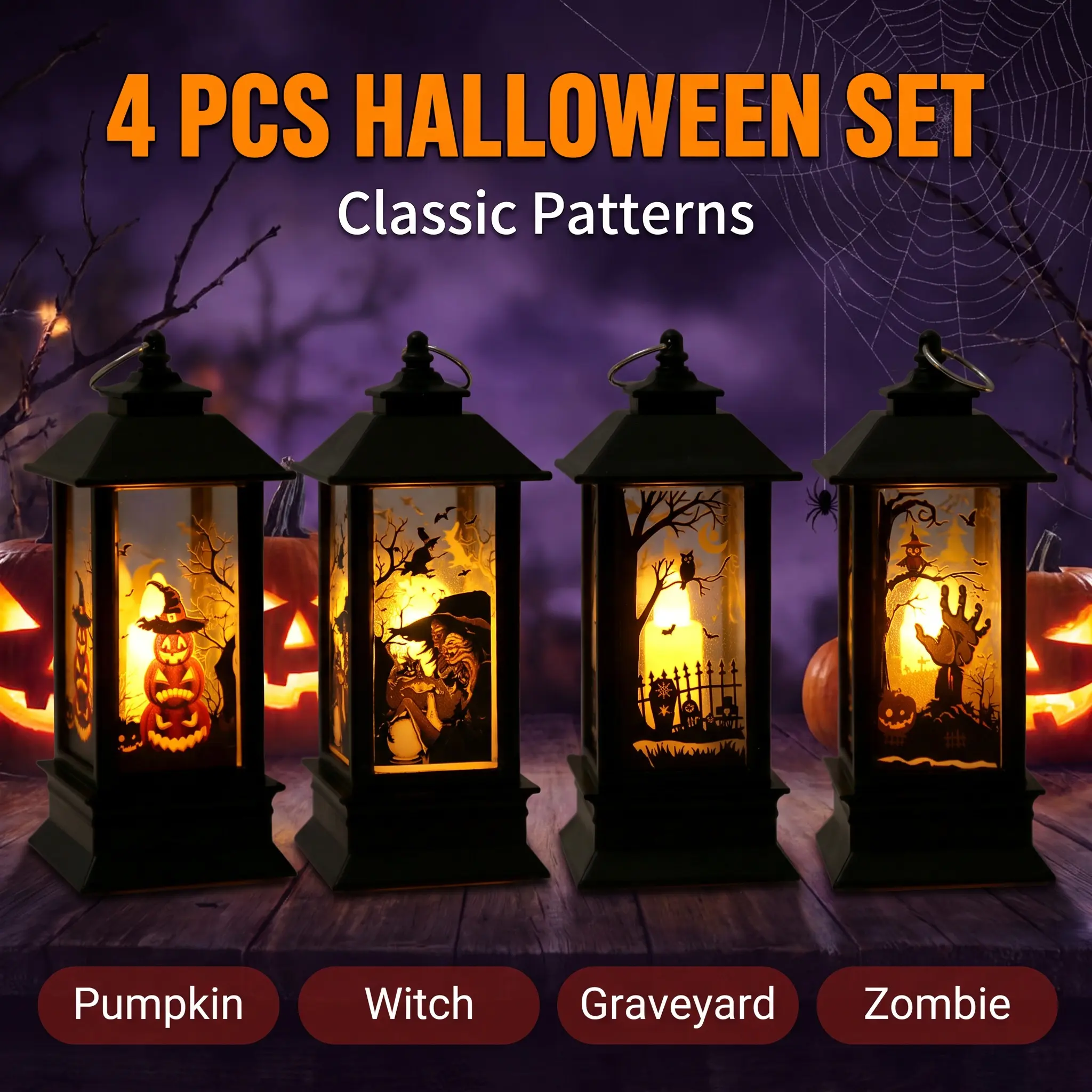 COTTONHK 4-Piece Halloween Smart Silhouette Lantern Set - USB-Powered Retro Black Spooky Joker Pumpkin Warm Amber Mini Lights for Window Sill, Hanging Indoor Party Decor