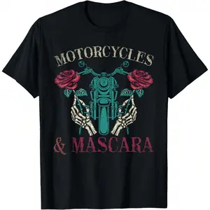 Burning ManBiker Chic T-Shirt For Women Featuring Motorcycles And Mascara Roses Design