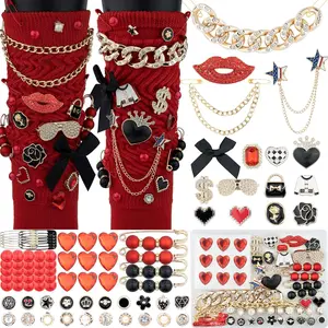 85 Pcs Shoe Charms with Bows Junk Socks Charms Kit, Black and Red Charms for Socks, Brooches and Pins for Women, Sneakers DIY Kit with Pearls Rhinestones Chains
