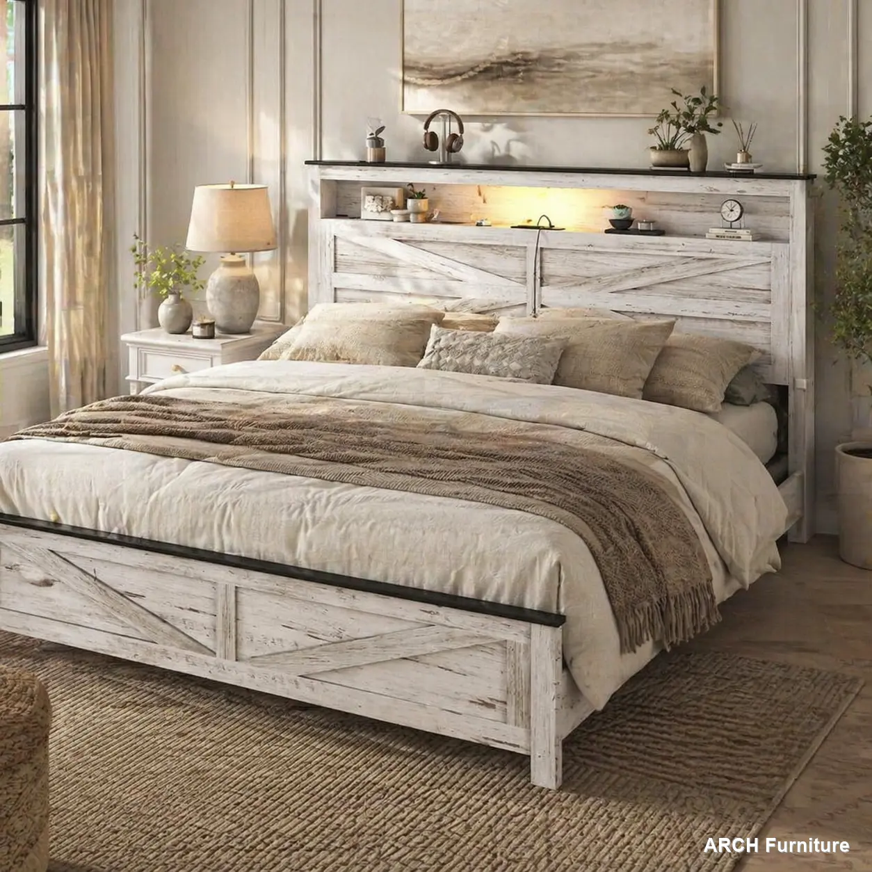 Sturdy Platform Bed Frame - Farmhouse Boho Style, Queen Size, Rustic Storage Headboard, LED Lights, Charging Station, Metal Slats, No Box Spring Needed, Bedroom Set, White Indoor Furniture Bed Frame, Sturdy Bed Frame