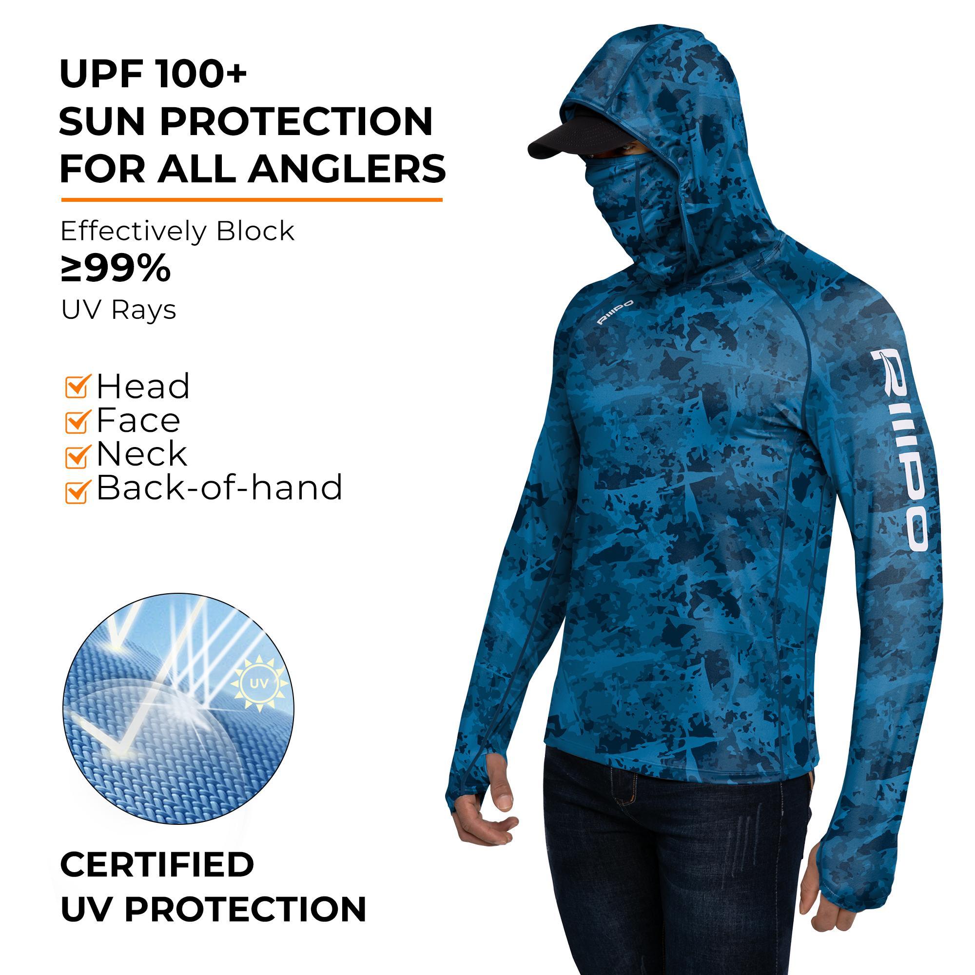 RODEEL R10 RIIIPO Sun Hoodie Shirts w/ UV Detection Mask Neck Gaiter Thumbhole Men UPF 100+ Sun Protection Long Sleeve Lightweight Quick Dry Moisture Wicking Breathable Cooling Activewear for Outdoor Sport Fishing Construction, Holiday Gift