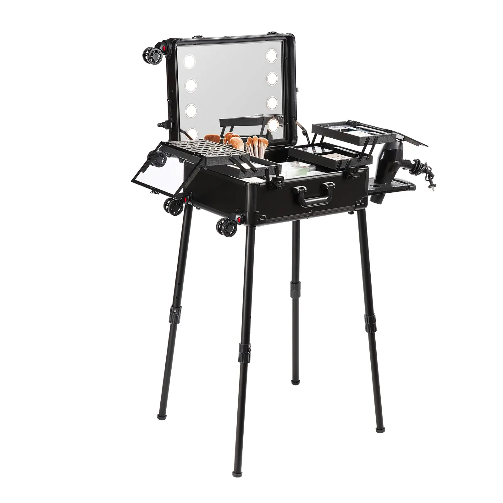 Spring new arrivals Makeup Train Case with Lock, Lighted Mirror, 4 Storage Trays, Brush Holder, Speaker Travel Cosmetic Organizer Box w/ Swivel Wheels, Professional Artist Trolley Studio Free Standing Case