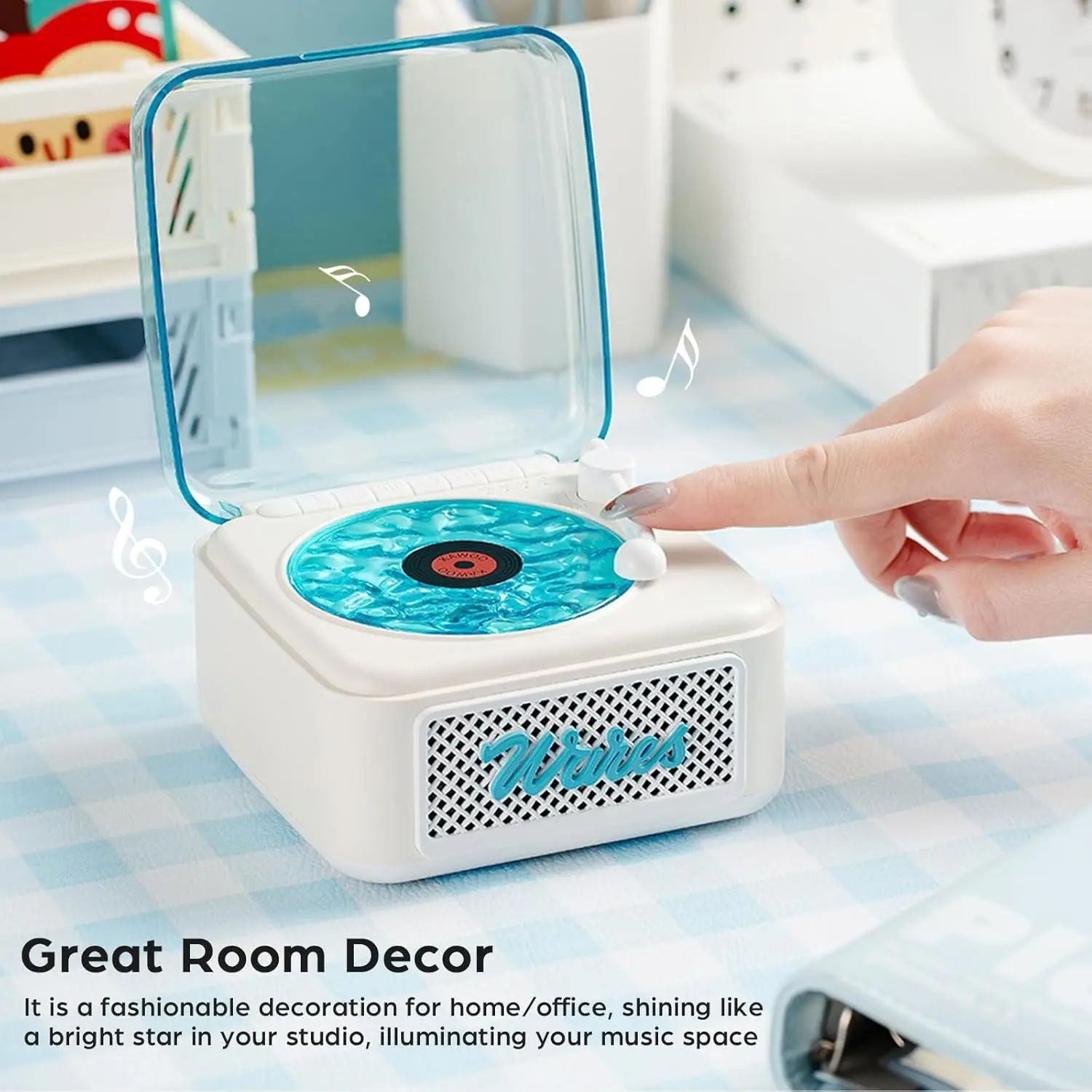 Vintage Retro Record Player - Car Bluetooth Speaker with Soothing Ocean Sounds, Ambient Lamp Glow, Compact Portable Design