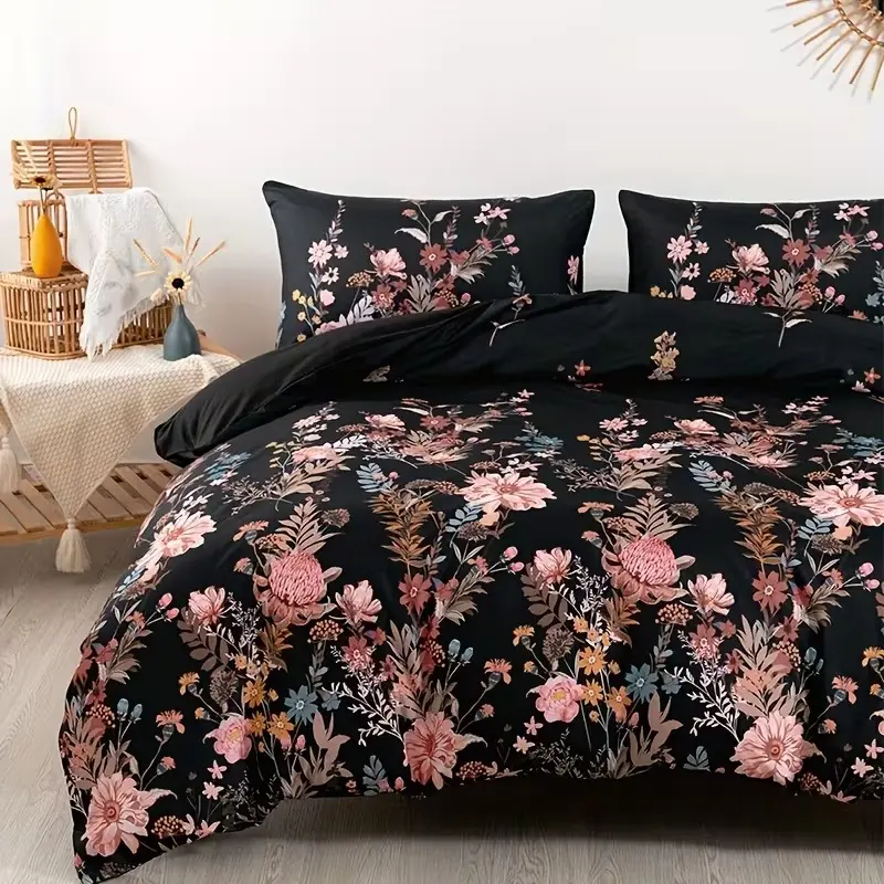 The three-piece casual natural flower-pattern bedding set, Decorative bedding set, includes one bedspread and two pillowcases. Suitable for bedrooms and guest rooms, size customizable, machine washable Bed Sets, Polyester Bedding Set, Floral Bedding Sets