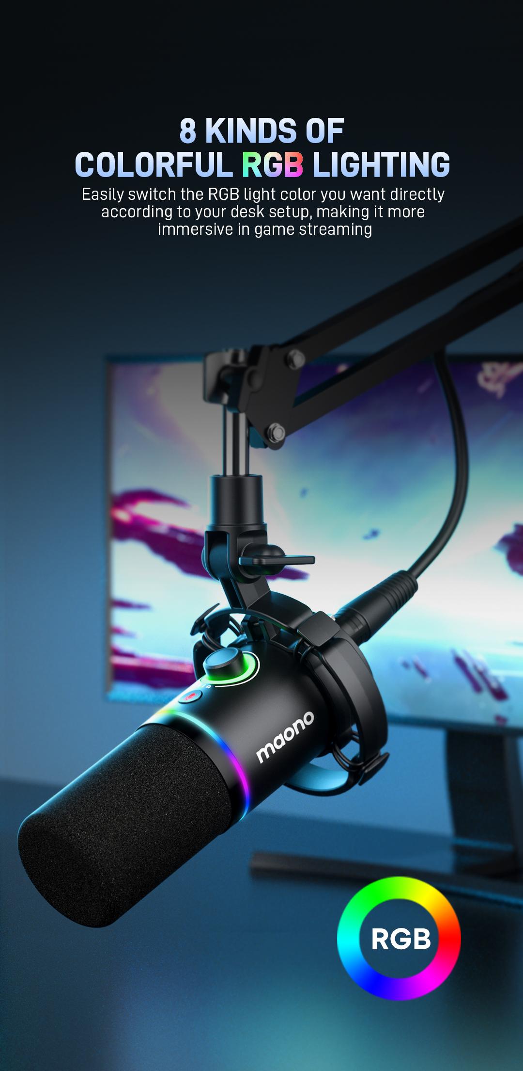 Maono PD200X Dynamic RGB Gaming Microphone with USB & XLR Cable Connectivity, Mute button, noise reduction, zero latency, widely compatible with computers, PC, Mac, Android /iOS smartphone, audio mixer, friendly for Singing, Gaming, Podcasting, Recording.
