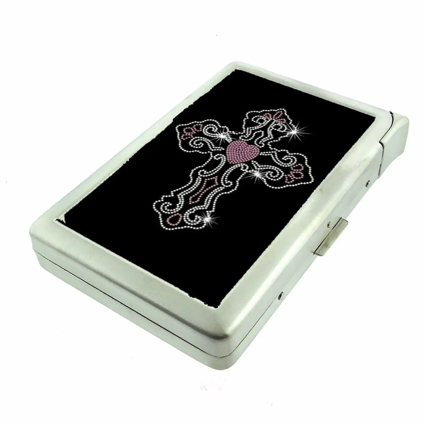 100'S SIZED Rhinestone Crystal Bling Cross y2k Metal Case Wallet with Built in lighter