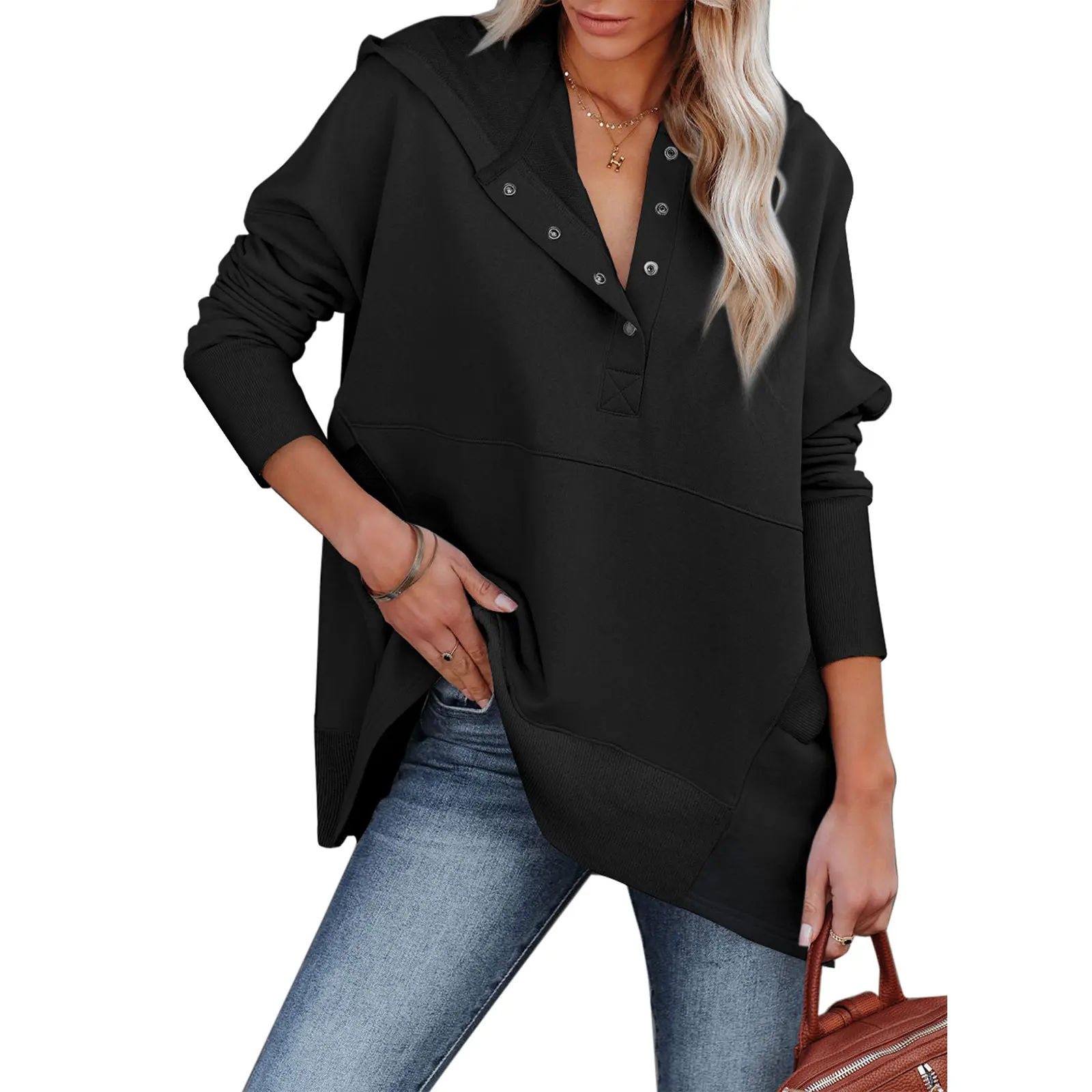 EVALESS Women's Casual Oversized Sweatshirts Hoodies Basic Button V Neck Long Sleeve Hooded Cotton Breathable Henley Pullover Tops 2026 Womenswear Winter Fall Outfits Clothes with Pockets  Deals For You Days summer outfits