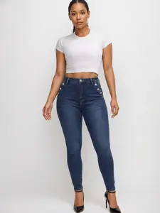 NR3330 Elevated Button-Accent Skinny Jeans – Dark Wash