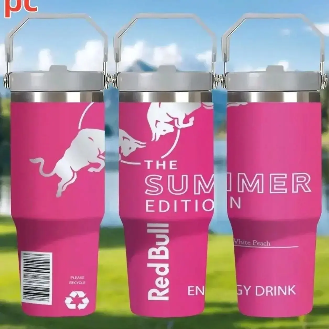 1pc 30oz 900ml Red Bull Summer White Peach Limited Insulated Tumbler with a straw, which can only be cleaned with water. Perfect for office use and picnics, it is an ideal gift for Father's Day and Mother's Day