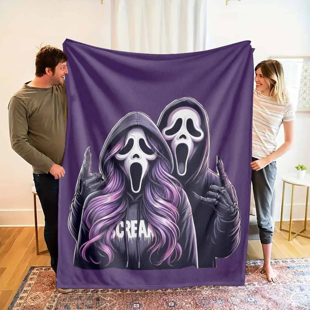 Purple Ghost Duo Flannel Throw Blanket, Horror Mask Art Print Design, Soft Cozy Warm Lightweight Plush, Ideal for Halloween Decor & Bedroom Use, Great Holiday Gift (TikTok Shop Spring Glow Up)