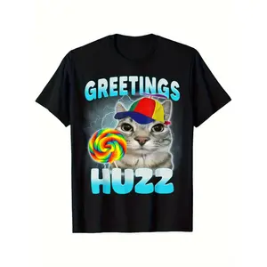 Where The Huzz At Funny Cat Meme Humor Sarcastic T-Shirt Casual Crewneck Top Breathable Unisex Cotton