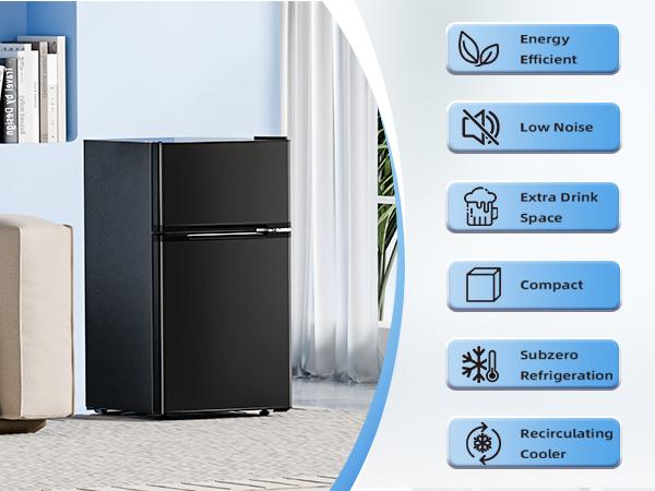 Antarctic Star Mini Compact Refrigerator, 3.2 Cu.Ft. Separate Freezer Double 2-Door Adjustable Removable Shelves,Mini Fridge with Double Doors, for Basement/Apartment/Dorm/Office