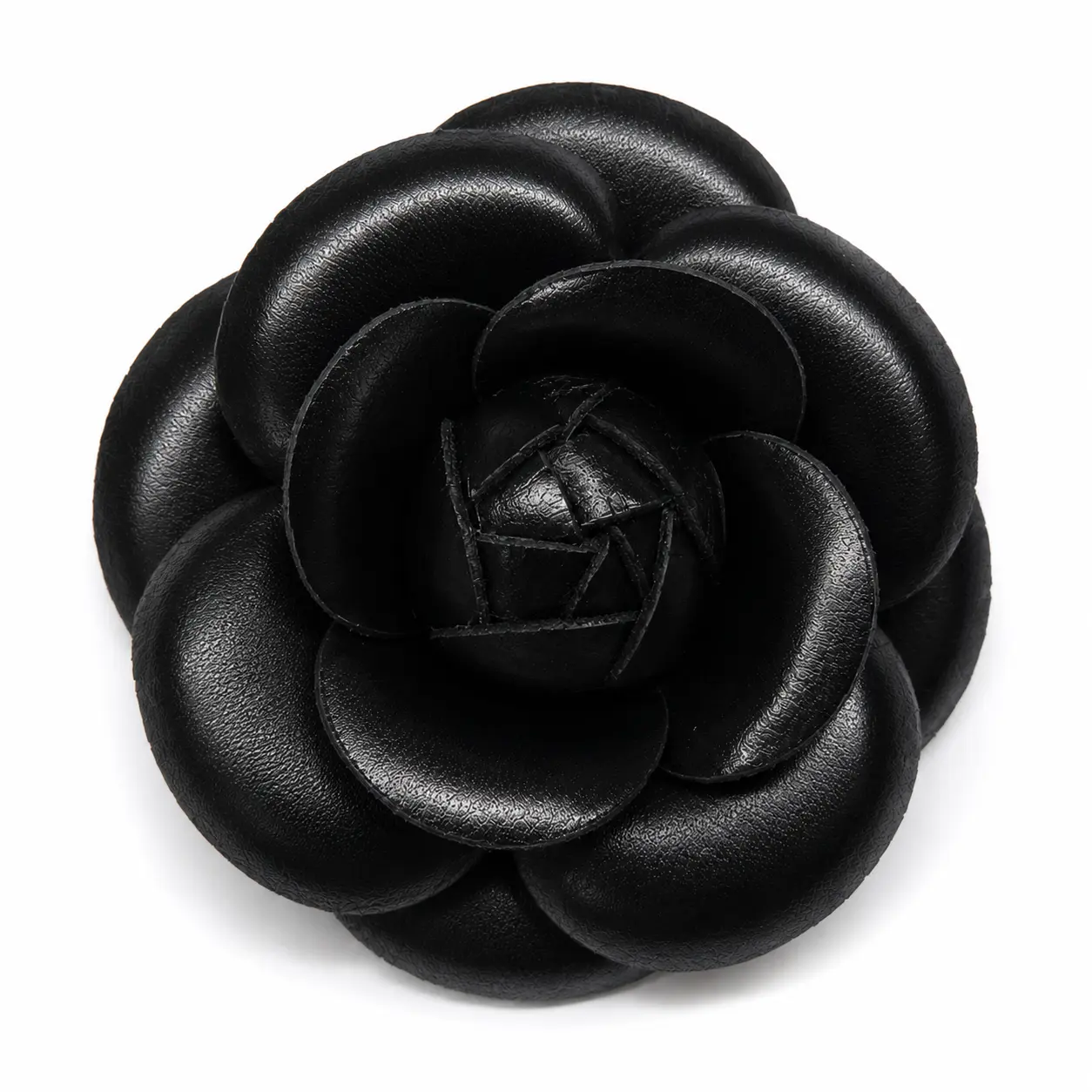 Camellia Leather Fabric Flower Brooch Pin 3" Black | M&S Schmalberg Flowers Handmade in NY