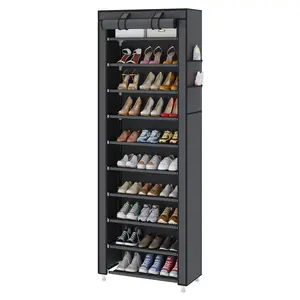 10-Tier Free Standing Shoe Rack Sturdy Shoe Rack Organizer for Closet Entryway Stackable Shoe Shelf with Dustproof Cover,Grey